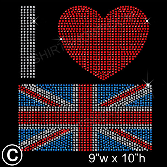 I Love GB Union Jack Hotfix Rhinestone Transfer Diamante Motif, Iron on Applique