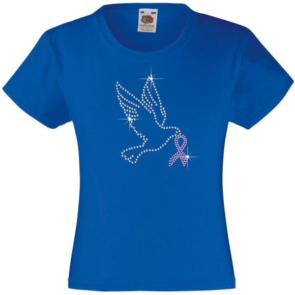 DOVE WITH PINK RIBBON RHINESTONE EMBELLISHED T-SHIRT ELEGANT GIFT FOR GIRLS