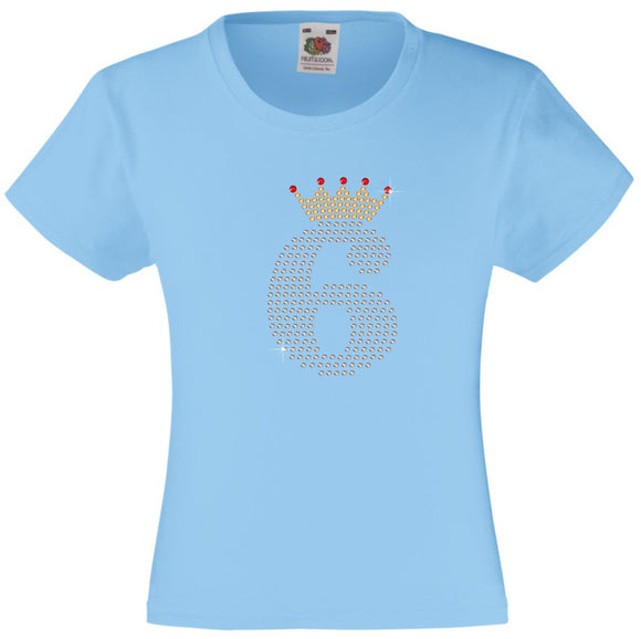 NUMBER 6 IN CRYSTAL COLOUR WITH TIARA GIRLS T SHIRT, RHINESTONE EMBELLISHED BIRTHDAY T SHIRT, ELEGANT GIFT FOR THEIR BIG DAY