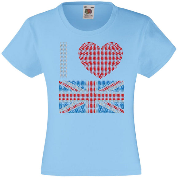 I LOVE GREAT BRITAIN (FLAG UNION JACK) RHINESTONE EMBELLISHED T-SHIRT ELEGANT GIFT FOR GIRLS