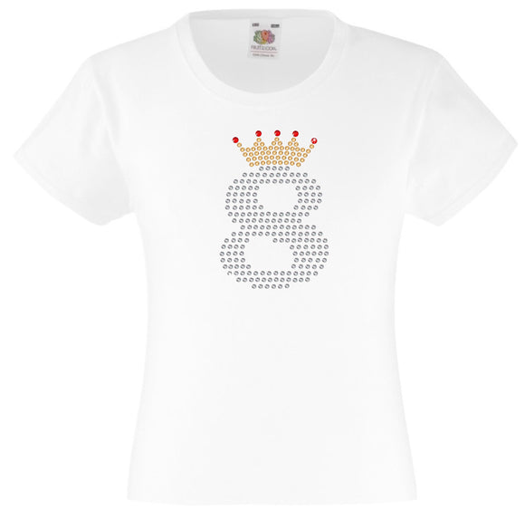 NUMBER 8 IN CRYSTAL COLOUR WITH TIARA GIRLS T SHIRT, RHINESTONE EMBELLISHED BIRTHDAY T SHIRT, ELEGANT GIFT FOR THEIR BIG DAY