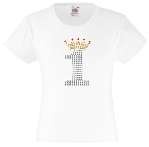 NUMBER 1 IN CRYSTAL COLOUR WITH TIARA GIRLS T SHIRT, RHINESTONE EMBELLISHED BIRTHDAY T SHIRT, ELEGANT GIFT FOR THEIR BIG DAY