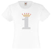 NUMBER 1 IN CRYSTAL COLOUR WITH TIARA GIRLS T SHIRT, RHINESTONE EMBELLISHED BIRTHDAY T SHIRT, ELEGANT GIFT FOR THEIR BIG DAY