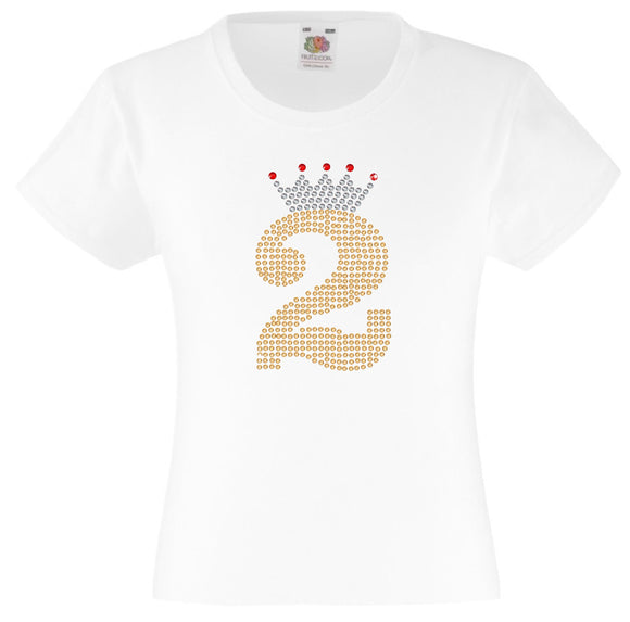 NUMBER 2 IN GOLD COLOUR WITH TIARA GIRLS T SHIRT, RHINESTONE EMBELLISHED BIRTHDAY T SHIRT, ELEGANT GIFT FOR THEIR BIG DAY