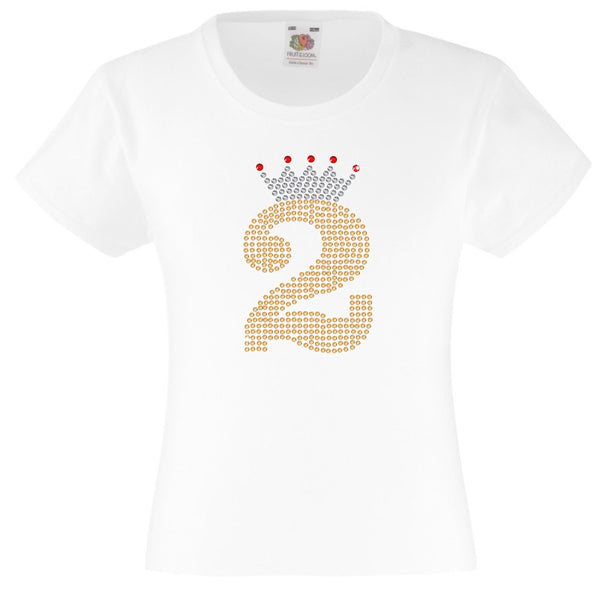 NUMBER 2 IN GOLD COLOUR WITH TIARA GIRLS T SHIRT, RHINESTONE EMBELLISHED BIRTHDAY T SHIRT, ELEGANT GIFT FOR THEIR BIG DAY