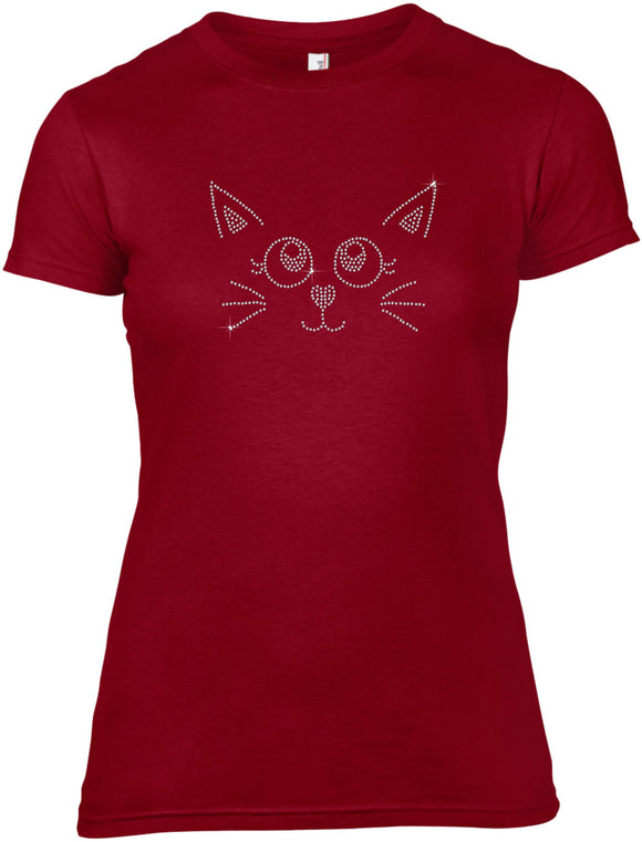 CAT FACE RHINESTONE EMBELLISHED T-SHIRT FOR LADIES