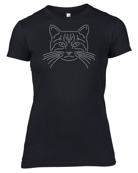 CAT FACE RHINESTONE EMBELLISHED T SHIRT FOR LADIES