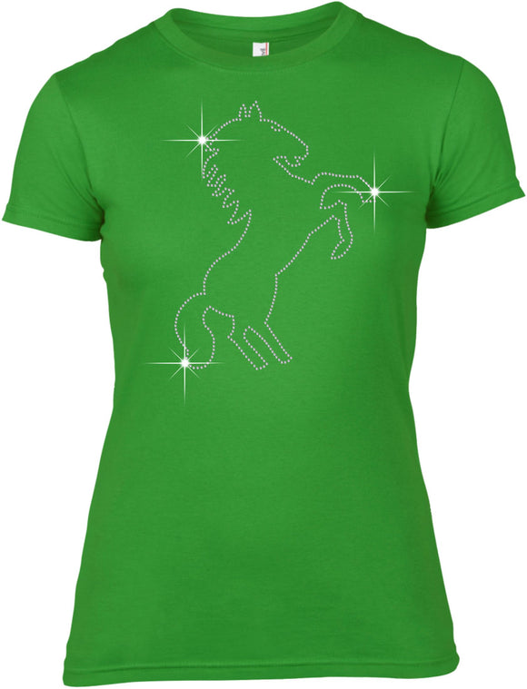 REARING HORSE RHINESTONE EMBELLISHED T-SHIRT FOR LADIES