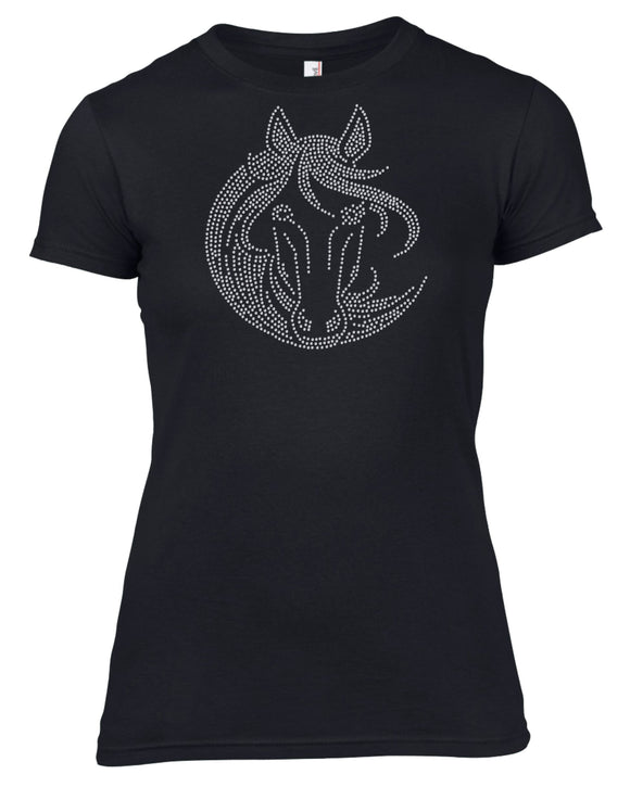 HORSE FACE RHINESTONE EMBELLISHED T-SHIRT FOR LADIES