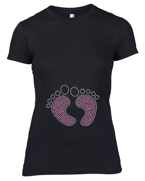 GIRL BABY FEET MOM TO BE RHINESTONE EMBELLISHED T-SHIRT FOR LADIES