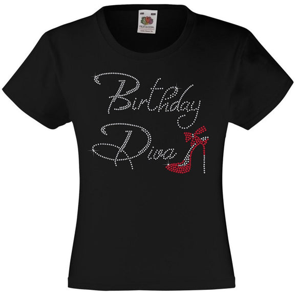 BIRTHDAY DIVA GIRLS T SHIRT RHINESTONE EMBELLISHED BIRTHDAY T SHIRT - ELEGANT GIFT FOR THEIR BIG DAY