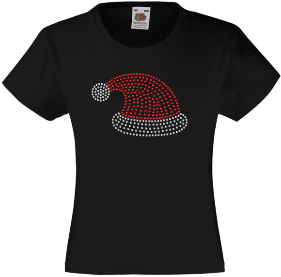 CHRISTMAS HAT RHINESTONE EMBELLISHED T-SHIRT FOR GIRLS, ELEGANT GIFT FOR CHRISTMAS