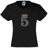 NUMBER 5 IN CRYSTAL COLOUR WITH TIARA GIRLS T SHIRT, RHINESTONE EMBELLISHED BIRTHDAY T SHIRT, ELEGANT GIFT FOR THEIR BIG DAY