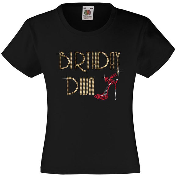 BIRTHDAY DIVA GIRLS T SHIRT RHINESTONE EMBELLISHED BIRTHDAY T SHIRT ELEGANT GIFT FOR THEIR BIG DAY