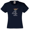 NUMBER 4 IN CRYSTAL COLOUR WITH TIARA GIRLS T SHIRT, RHINESTONE EMBELLISHED BIRTHDAY T SHIRT, ELEGANT GIFT FOR THEIR BIG DAY
