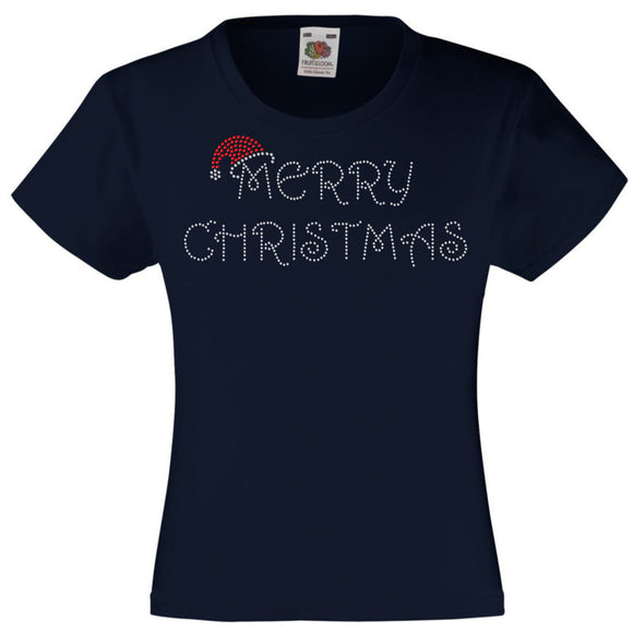 MERRY CHRISTMAS RHINESTONE EMBELLISHED T-SHIRT FOR GIRLS, ELEGANT GIFT FOR CHRISTMAS
