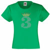 NUMBER 3 IN CRYSTAL COLOUR WITH TIARA GIRLS T SHIRT, RHINESTONE EMBELLISHED BIRTHDAY T SHIRT, ELEGANT GIFT FOR THEIR BIG DAY