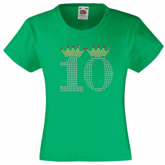 NUMBER 10 IN CRYSTAL COLOUR WITH TIARA GIRLS T SHIRT, RHINESTONE EMBELLISHED BIRTHDAY T SHIRT, ELEGANT GIFT FOR THEIR BIG DAY