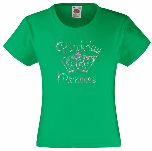 BIRTHDAY PRINCESS WITH TIARA GIRLS T SHIRT, RHINESTONE EMBELLISHED BIRTHDAY T SHIRT, ELEGANT GIFT FOR THEIR BIG DAY