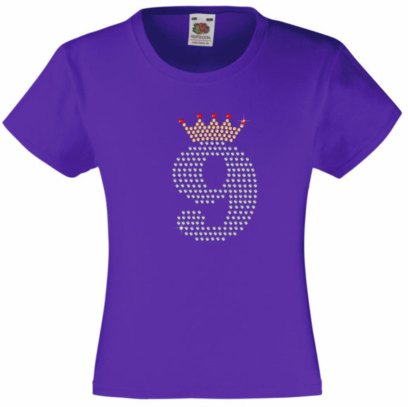 NUMBER 9 IN CRYSTAL COLOUR WITH TIARA GIRLS T SHIRT, RHINESTONE EMBELLISHED BIRTHDAY T SHIRT, ELEGANT GIFT FOR THEIR BIG DAY