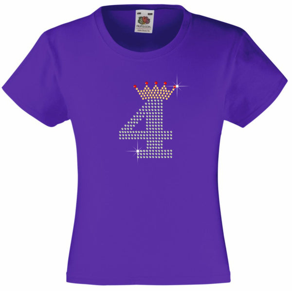 NUMBER 4 IN CRYSTAL COLOUR WITH TIARA GIRLS T SHIRT, RHINESTONE EMBELLISHED BIRTHDAY T SHIRT, ELEGANT GIFT FOR THEIR BIG DAY