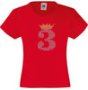 NUMBER 3 IN CRYSTAL COLOUR WITH TIARA GIRLS T SHIRT, RHINESTONE EMBELLISHED BIRTHDAY T SHIRT, ELEGANT GIFT FOR THEIR BIG DAY