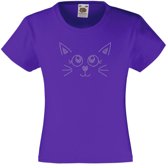 CATFACE RHINESTONE EMBELLISHED T SHIRT ELEGANT GIFT FOR ANIMAL LOVING GIRLS