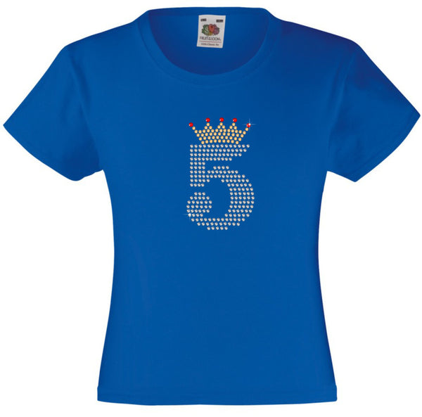NUMBER 5 IN CRYSTAL COLOUR WITH TIARA GIRLS T SHIRT, RHINESTONE EMBELLISHED BIRTHDAY T SHIRT, ELEGANT GIFT FOR THEIR BIG DAY