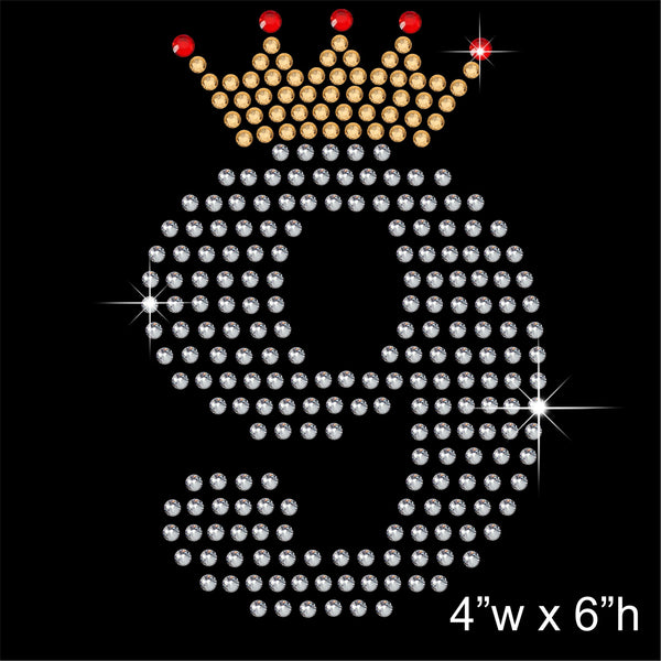 9 with Crown - Birthday Hotfix Rhinestone Transfer Diamante Motif, Iron on Applique