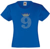 NUMBER 9 IN CRYSTAL COLOUR WITH TIARA GIRLS T SHIRT, RHINESTONE EMBELLISHED BIRTHDAY T SHIRT, ELEGANT GIFT FOR THEIR BIG DAY