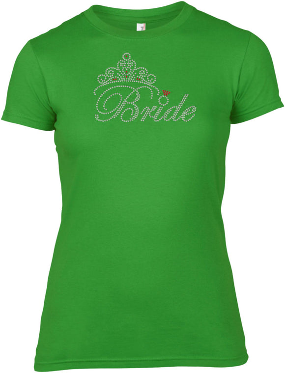 BRIDE WITH TIARA RHINESTONE EMBELLISHED HEN DO PARTY T-SHIRT FOR LADIES