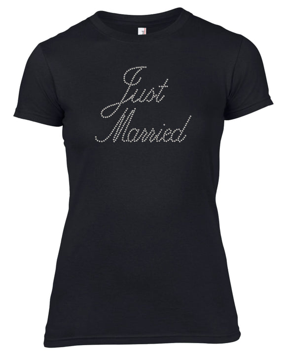 JUST MARRIED RHINESTONE EMBELLISHED HEN DO PARTY T SHIRT FOR LADIES