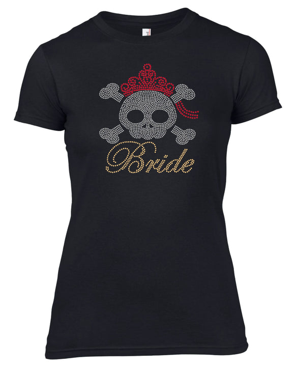 BRIDE AND SKULL RHINESTONE EMBELLISHED HEN STAG DO PARTY T-SHIRT FOR LADIES