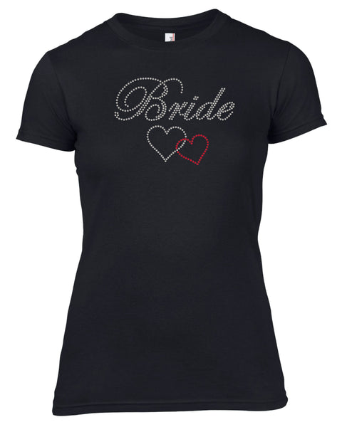 BRIDE AND TWO HEARTS RHINESTONE EMBELLISHED HEN DO PARTY T-SHIRT FOR LADIES