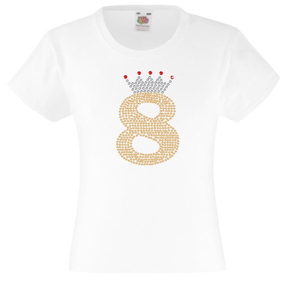 NUMBER 8 IN GOLD COLOUR WITH TIARA GIRLS T SHIRT, RHINESTONE EMBELLISHED BIRTHDAY T SHIRT, ELEGANT GIFT FOR THEIR BIG DAY