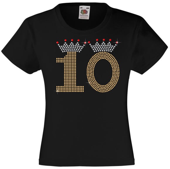 NUMBER 10 IN GOLD COLOUR WITH TIARA GIRLS T SHIRT, RHINESTONE EMBELLISHED BIRTHDAY T SHIRT, ELEGANT GIFT FOR THEIR BIG DAY