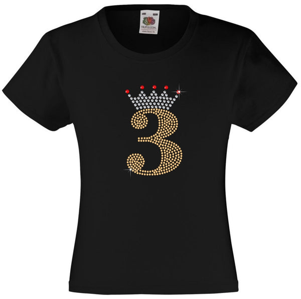 NUMBER 3 IN GOLD COLOUR WITH TIARA GIRLS T SHIRT, RHINESTONE EMBELLISHED BIRTHDAY T SHIRT, ELEGANT GIFT FOR THEIR BIG DAY
