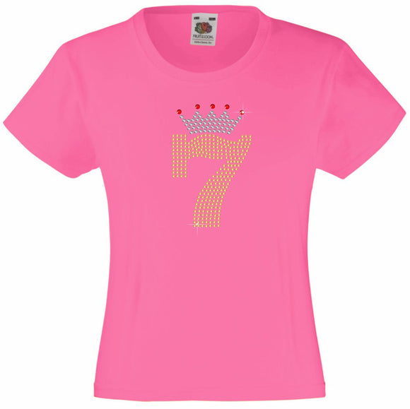 NUMBER 7 IN GOLD COLOUR WITH TIARA GIRLS T SHIRT, RHINESTONE EMBELLISHED BIRTHDAY T SHIRT, ELEGANT GIFT FOR THEIR BIG DAY