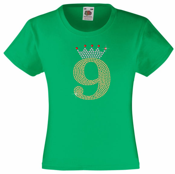 NUMBER 9 IN GOLD COLOUR WITH TIARA GIRLS T SHIRT, RHINESTONE EMBELLISHED BIRTHDAY T SHIRT, ELEGANT GIFT FOR THEIR BIG DAY