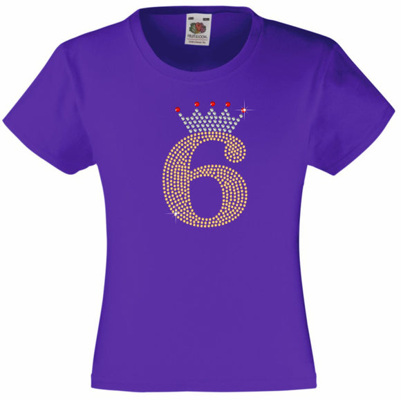 NUMBER 6 IN GOLD COLOUR WITH TIARA GIRLS T SHIRT, RHINESTONE EMBELLISHED BIRTHDAY T SHIRT, ELEGANT GIFT FOR THEIR BIG DAY