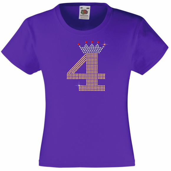 NUMBER 4 IN GOLD COLOUR WITH TIARA GIRLS T SHIRT, RHINESTONE EMBELLISHED BIRTHDAY T SHIRT, ELEGANT GIFT FOR THEIR BIG DAY