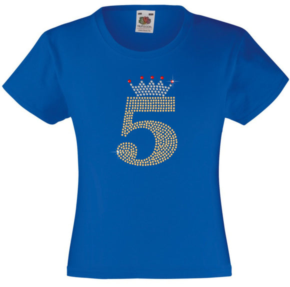 NUMBER 5 IN GOLD COLOUR WITH TIARA GIRLS T SHIRT, RHINESTONE EMBELLISHED BIRTHDAY T SHIRT, ELEGANT GIFT FOR THEIR BIG DAY