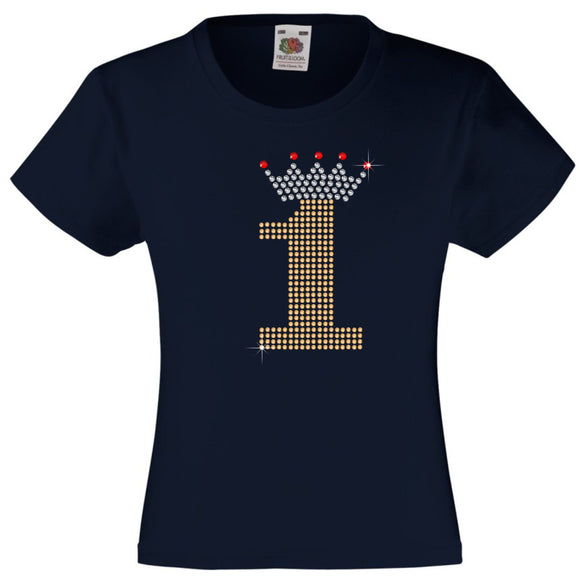 NUMBER 1 IN GOLD COLOUR WITH TIARA GIRLS T SHIRT, RHINESTONE EMBELLISHED BIRTHDAY T SHIRT, ELEGANT GIFT FOR THEIR BIG DAY