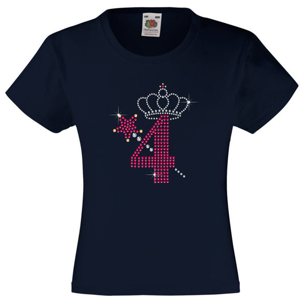 NUMBER 4 WITH CROWN & WAND GIRLS T SHIRT, RHINESTONE EMBELLISHED BIRTHDAY T SHIRT, ELEGANT GIFT FOR THEIR BIG DAY
