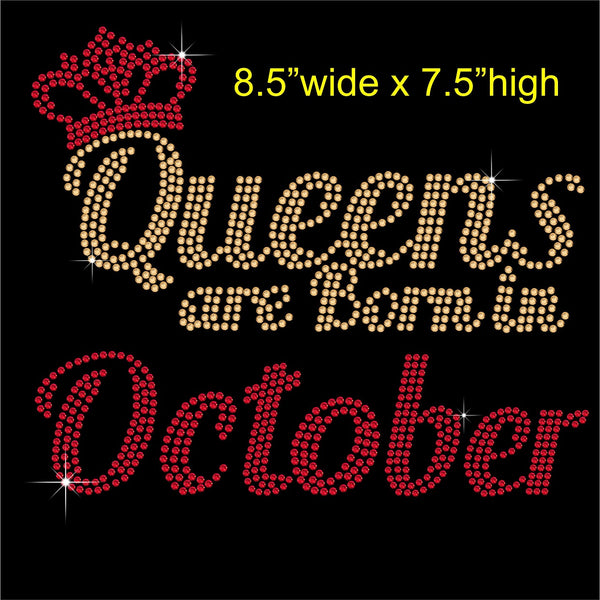 Queens are Born in October Hotfix Rhinestone Transfer Diamante Motif, Iron on Applique