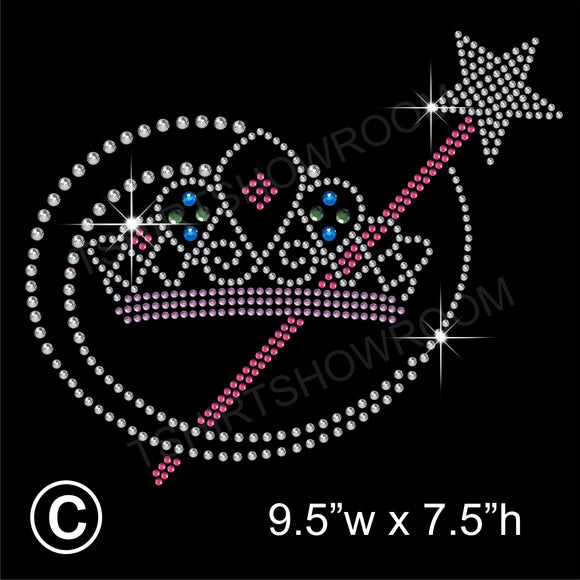 Crown/Tiara with Magic Wand Hotfix Rhinestone Transfer Diamante Motif Iron on Applique