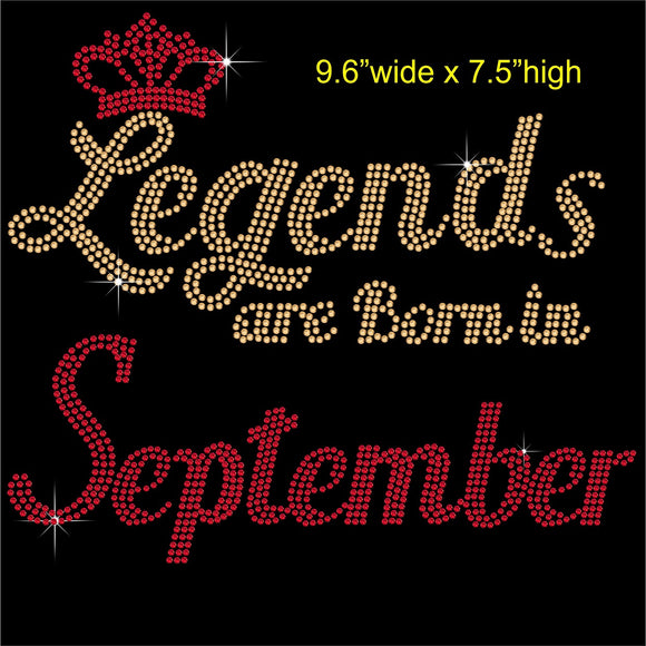 Legends are Born in September Hotfix Rhinestone Transfer Diamante Motif, Iron on Applique