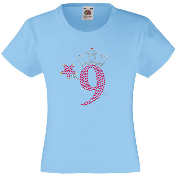 NUMBER 9 WITH CROWN & WAND GIRLS T SHIRT, RHINESTONE EMBELLISHED BIRTHDAY T SHIRT, ELEGANT GIFT FOR THEIR BIG DAY