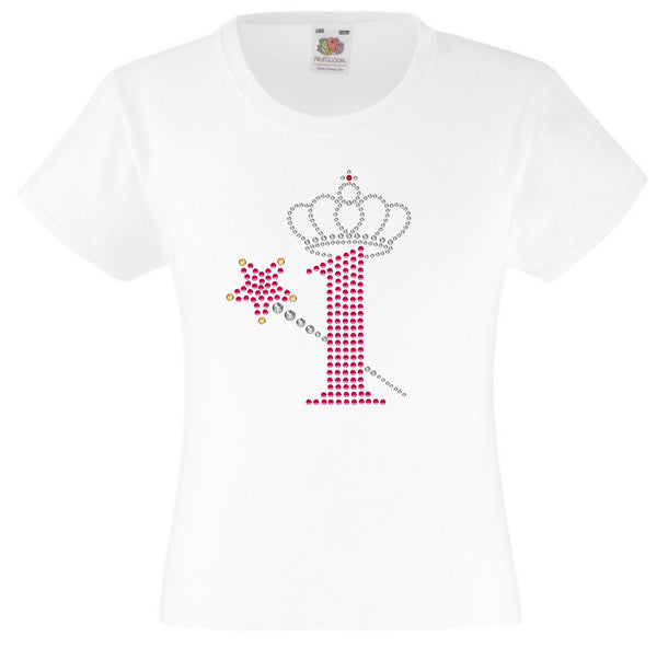 NUMBER 1 WITH CROWN & WAND GIRLS T SHIRT, RHINESTONE EMBELLISHED BIRTHDAY T SHIRT, ELEGANT GIFT FOR THEIR BIG DAY